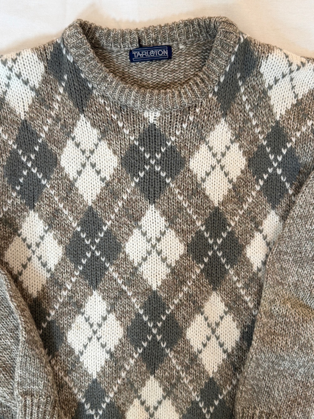 Tarleton Argyle Wool Pullover Sweater Vintage 80s 90s Tan Gray Cream